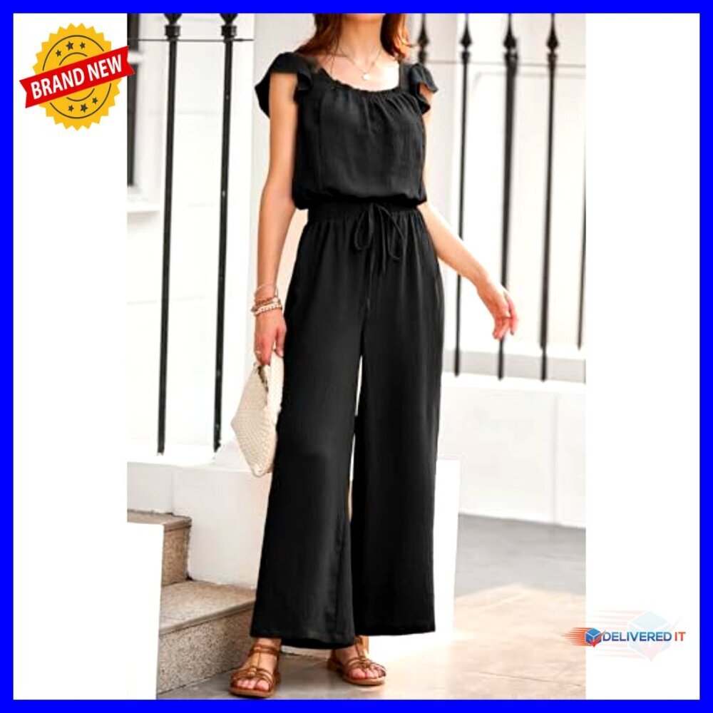 Summer Ruffle Sleeve Square Neck Jumpsuit Drawstring Waist Wide Leg Pockets - Picture 6 of 7